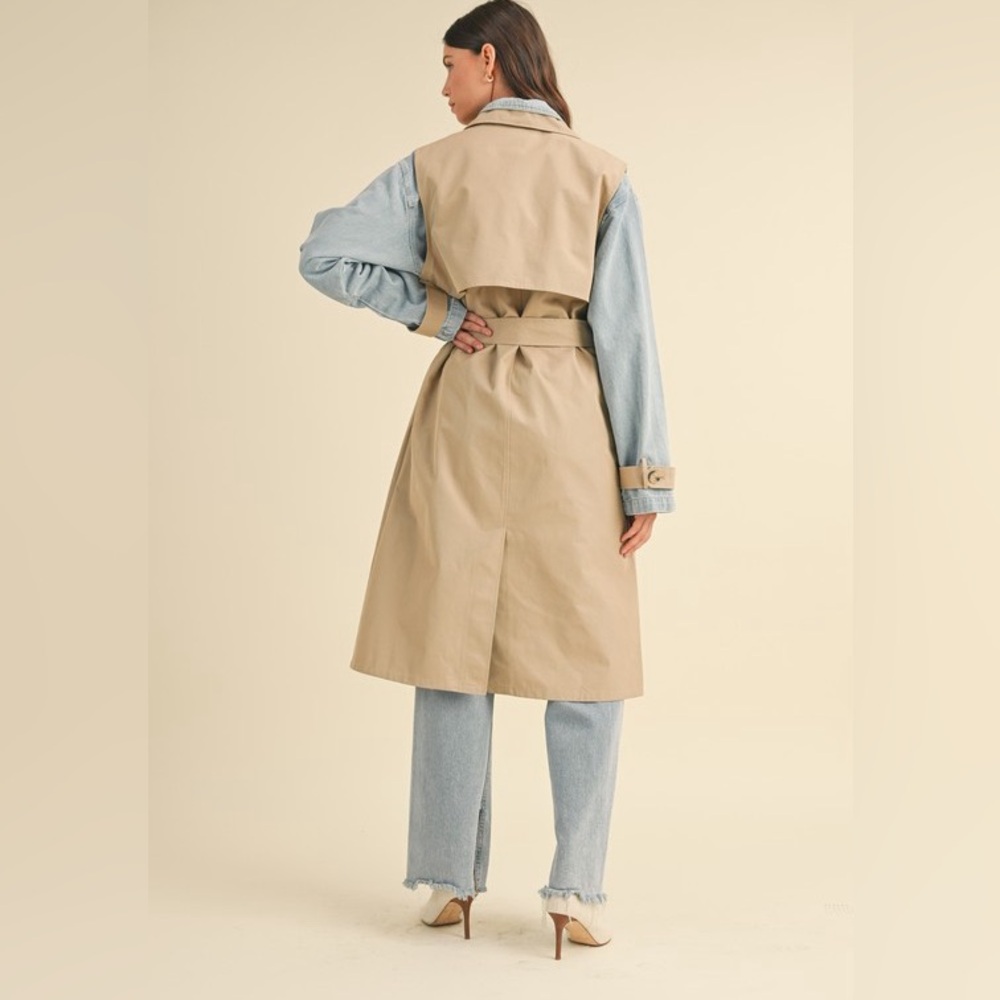 Layered Trench Coat with Denim Jacket Size M Tan Blue Outerwear Classic Neutral - Picture 9 of 12